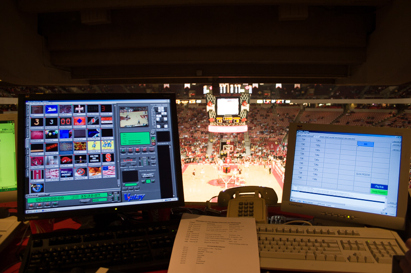 View from my station in the Control Booth at Bud Walton Arena during Razorback Basketball games. 